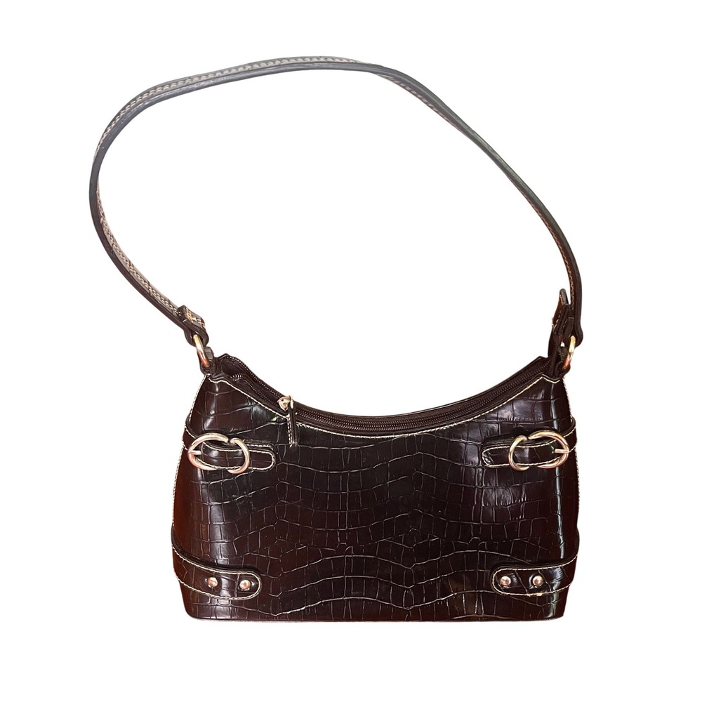 Vintage Black Croc Embossed Shoulder Bag Silver Buckle Y2K Baguette Purse Y2K